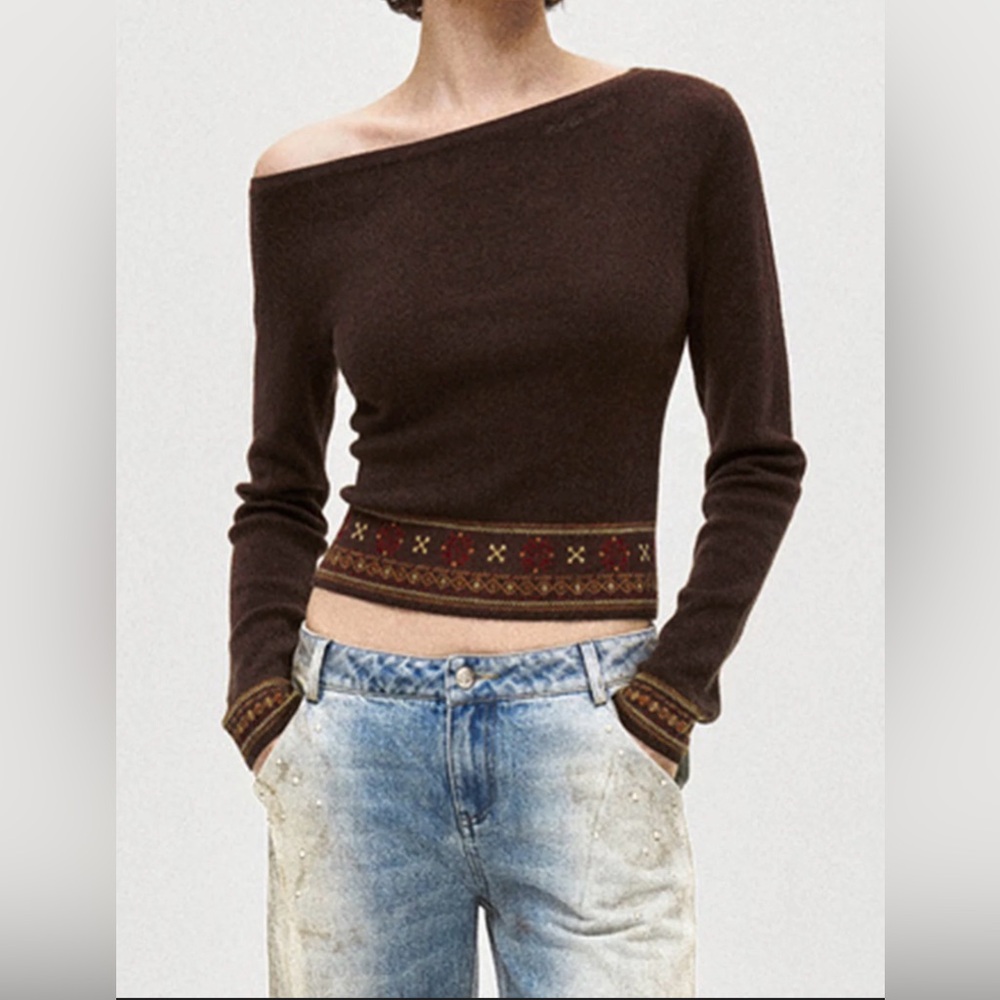 NWT Commense Brown Wool-Blend Asymmetrical Crop Knit Top - Medium